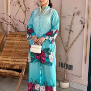 Digital Front & Back Floral Print Co-Ord Set (2PCs) Stitched – Premium Silk Elegance