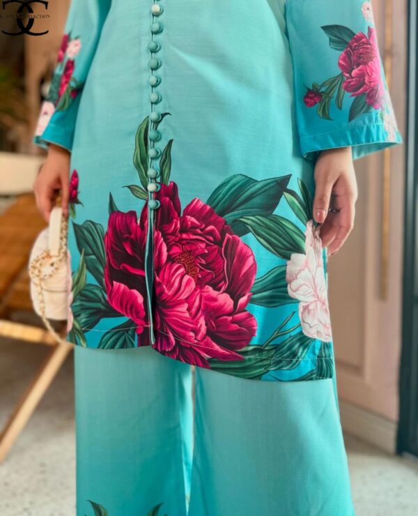 Digital Front & Back Floral Print Co-Ord Set (2PCs) Stitched – Premium Silk Elegance - Image 3