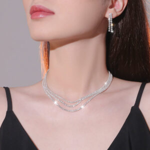 Amazon Hot Sale Rhinestone Necklace Earrings Two-Piece Wedding Dress Accessories Jewelry Suit