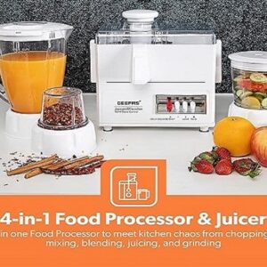 Geepas 4-in-1 Food Processor & Juicer - Multi-functional Smoothie Maker, Juicer, Chopper & Grinder  1.6L Jar, 2-Speed Pulse Function for Ice Crusher 600W - 2 Years Warranty