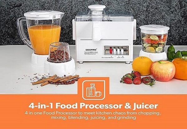 Geepas 4-in-1 Food Processor & Juicer - Multi-functional Smoothie Maker, Juicer, Chopper & Grinder  1.6L Jar, 2-Speed Pulse Function for Ice Crusher 600W - 2 Years Warranty