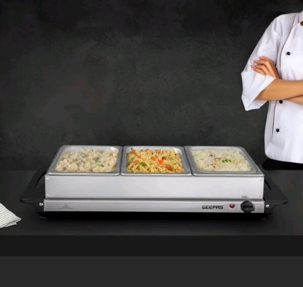 GEEPAS 300W Electric 3 x 2.4 Litre Stainless Steel Buffet Trays with Lids_Food Warmer Buffet Server for Table_ GBS 9361 - Image 2