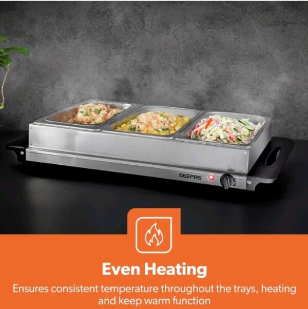 GEEPAS 300W Electric 3 x 2.4 Litre Stainless Steel Buffet Trays with Lids_Food Warmer Buffet Server for Table_ GBS 9361 - Image 3