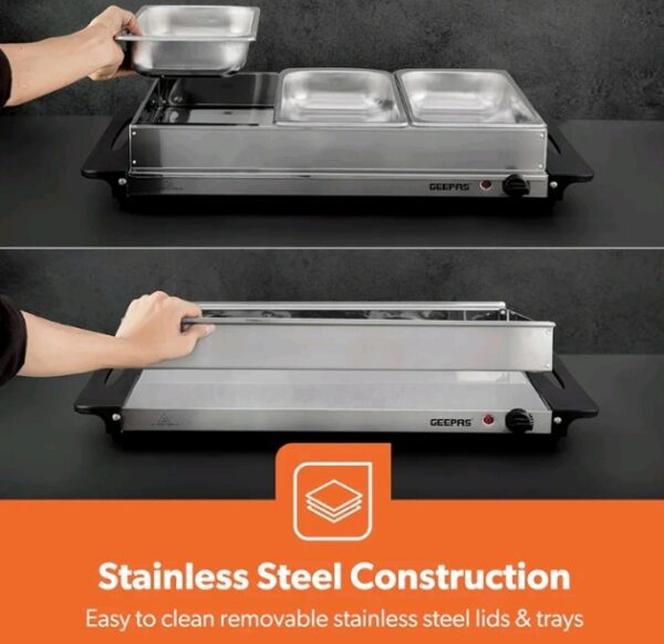 GEEPAS 300W Electric 3 x 2.4 Litre Stainless Steel Buffet Trays with Lids_Food Warmer Buffet Server for Table_ GBS 9361 - Image 5