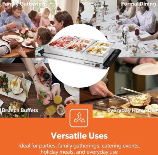 GEEPAS 300W Electric 3 x 2.4 Litre Stainless Steel Buffet Trays with Lids_Food Warmer Buffet Server for Table_ GBS 9361 - Image 8
