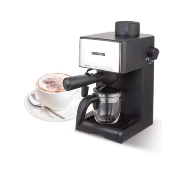Geepas-Cappuccino Maker, Automatic Pressure Release, GCM6109 |Control Knob with Indicator Lights | 240ml Aluminium Water Tank | Makes Cappuccino & Espresso - Image 2