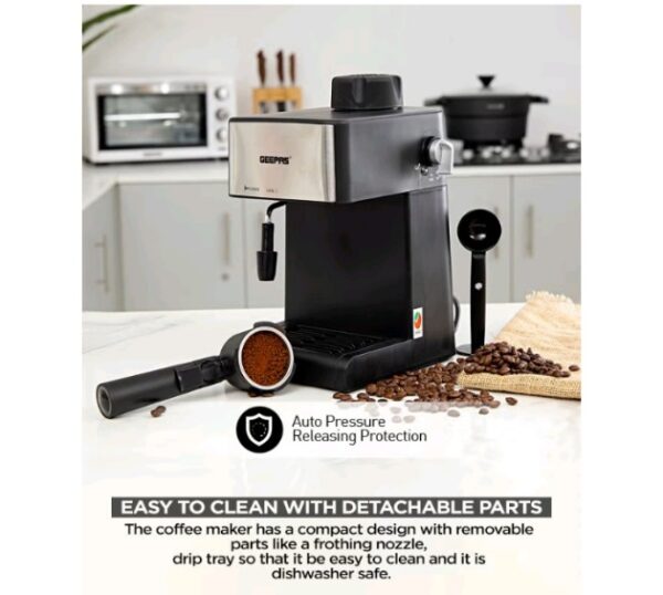 Geepas-Cappuccino Maker, Automatic Pressure Release, GCM6109 |Control Knob with Indicator Lights | 240ml Aluminium Water Tank | Makes Cappuccino & Espresso - Image 4