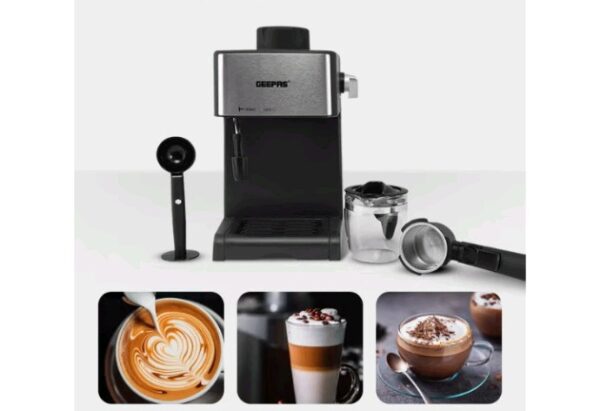 Geepas-Cappuccino Maker, Automatic Pressure Release, GCM6109 |Control Knob with Indicator Lights | 240ml Aluminium Water Tank | Makes Cappuccino & Espresso